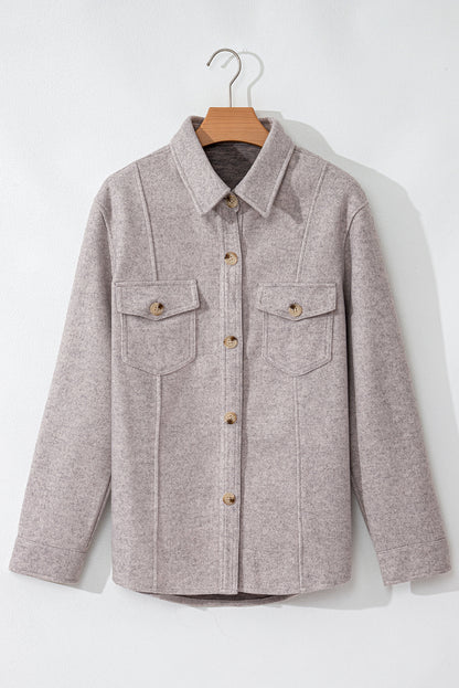 Turn Down Collar Flap Pockets Buttoned Shacket | Light Grey