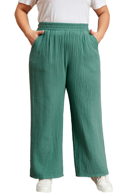 Plus Size Textured Frayed Edge Wide Leg Pants | Smoke Green