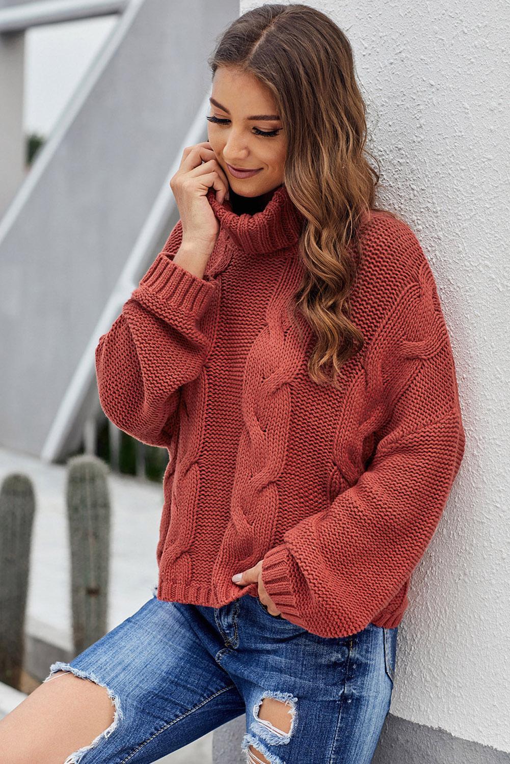 Fiery  Cuddle Weather Cable Knit Handmade Turtleneck Sweater | Red