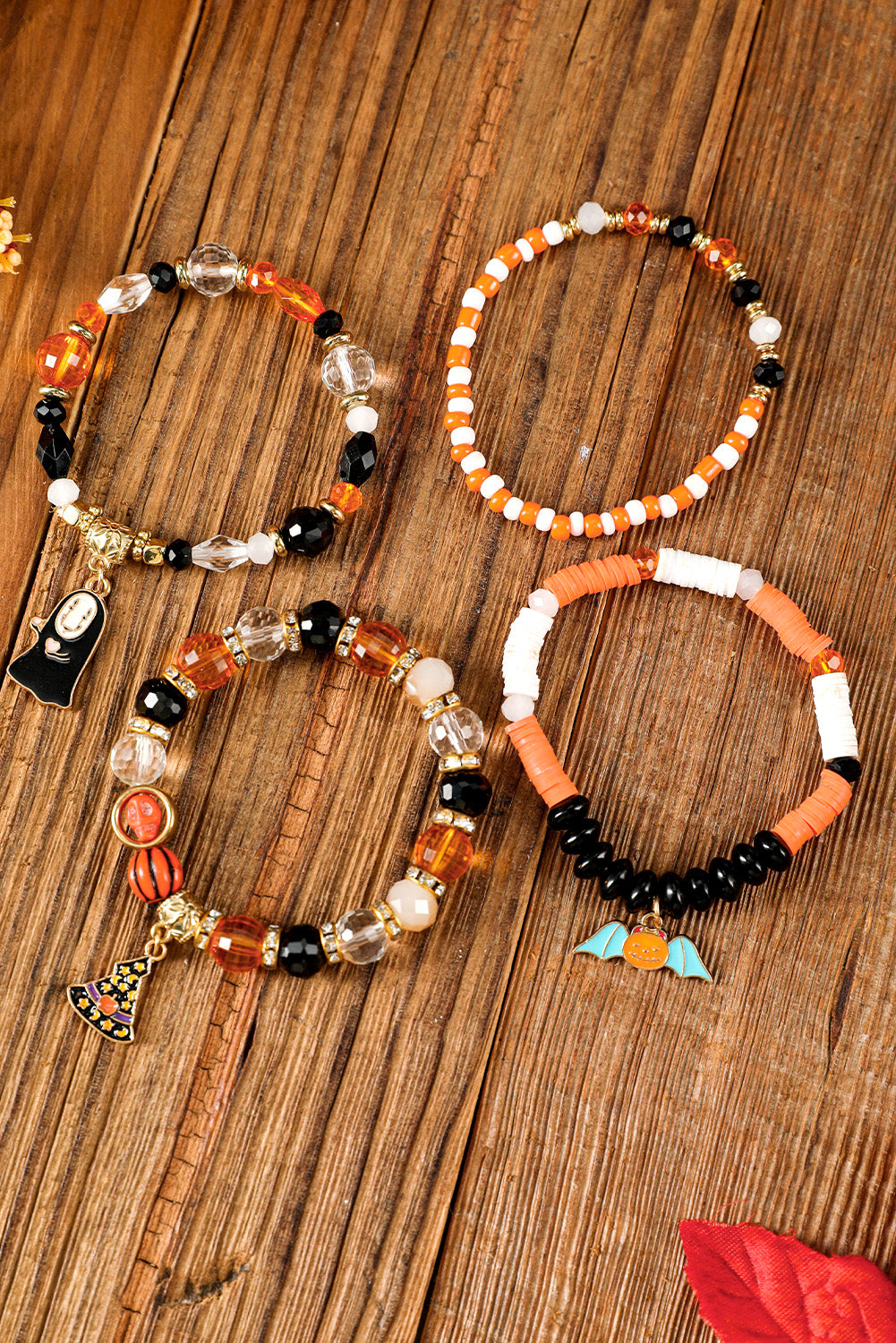 Halloween Pumpkin Ghost Pendant Layered Beaded Bracelet Set | Orange