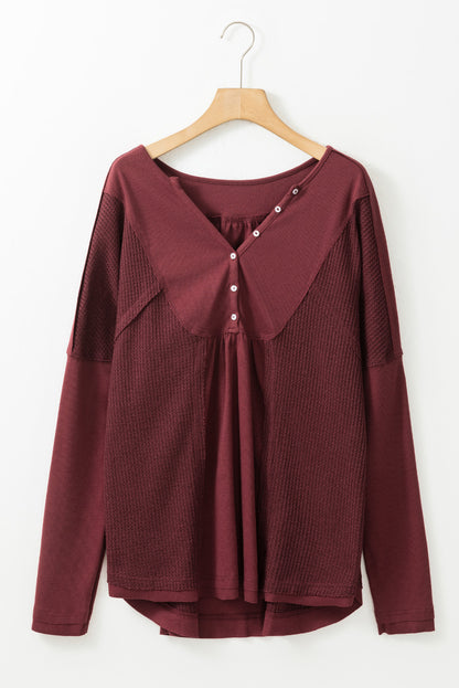 Waffle Ribbed Knit Patchwork Henley Top | Red Dahlia