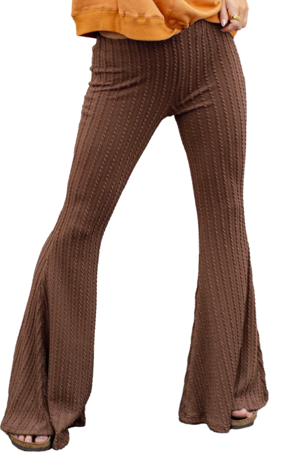 Textured Knit Mid Waist Flare Pants | Coffee