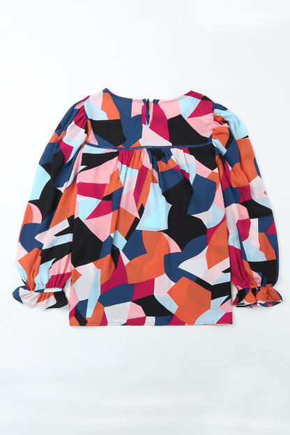 Abstract Pattern Crewneck Ruffled Puff Sleeve Blouse | Multicolour