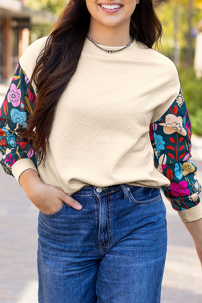 Contrast Floral Sleeve Textured Drop Shoulder Knit Top | White