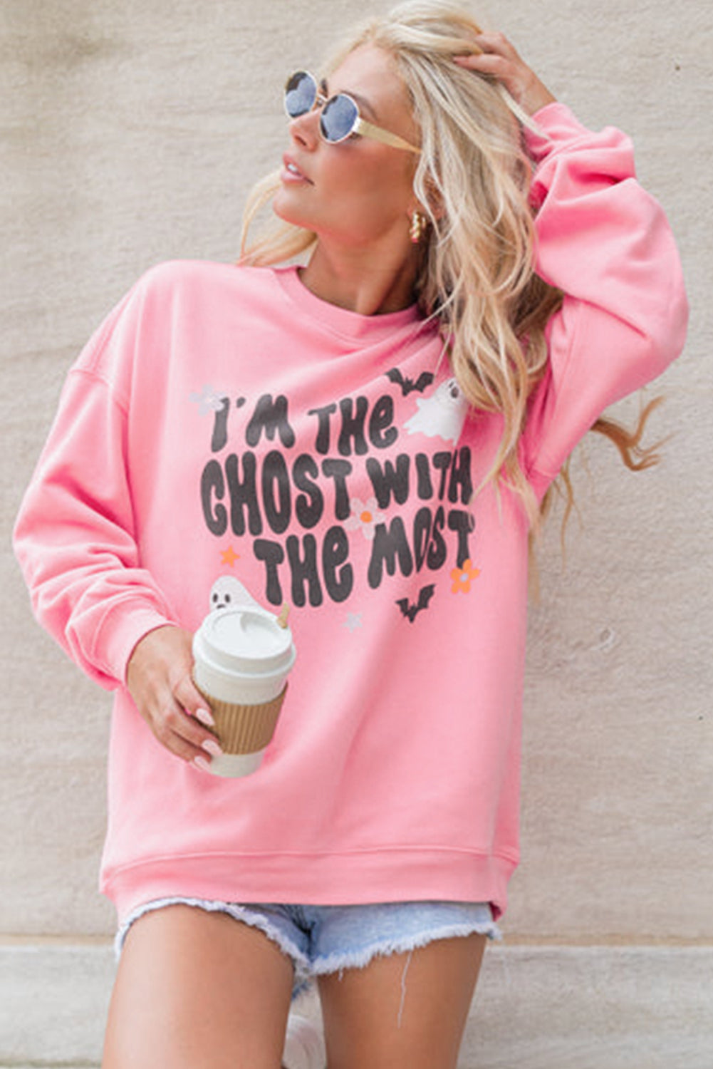 Halloween Slogan Ghost Bat Graphic Drop Shoulder Sweatshirt | Pink