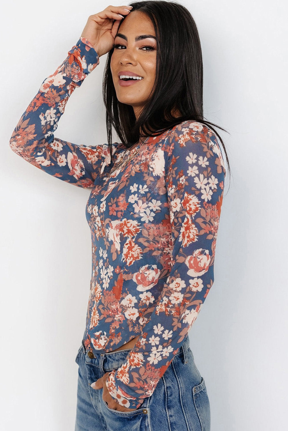 Floral Print Mesh Fitted Long Sleeve Top | Orchid Petal