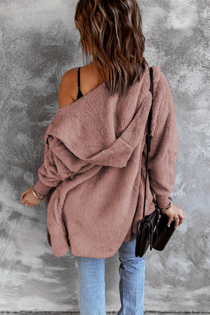 Soft Fleece Hooded Open Front Jacket | Pink