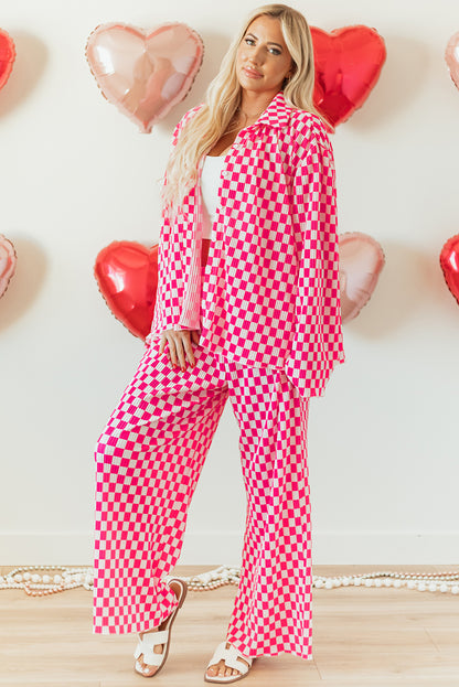 Checkered Buttoned Shirt And High Waist Pants Pajama Set | Pink