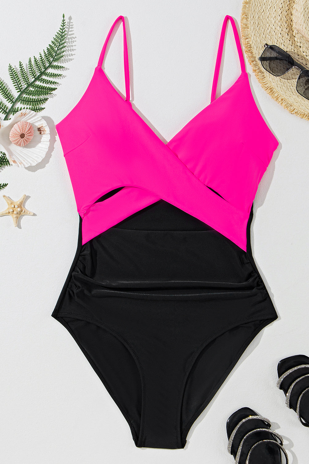 Crossover Colourblock Cutout One Piece Swimsuit | Rose Red