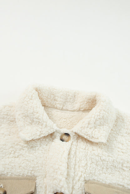 Contrast Flap Pocket Single Breasted Teddy Coat | Beige