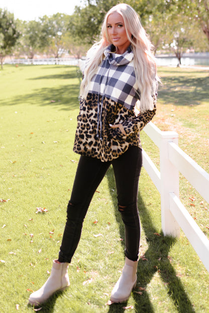 Plaid Patchwork Cowl Neck Sweatshirt | Leopard