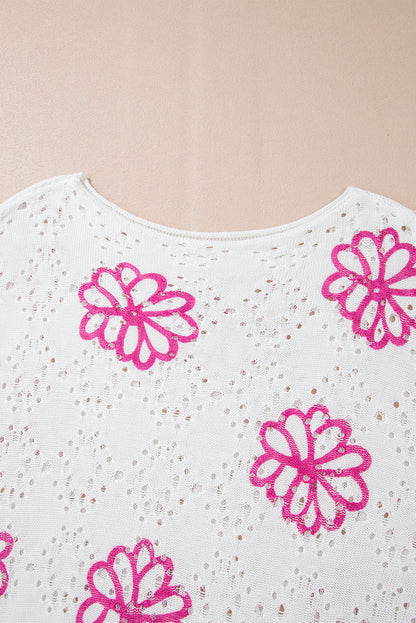 Contrast Flower Print Eyelet Drop Shoulder Sweater | White