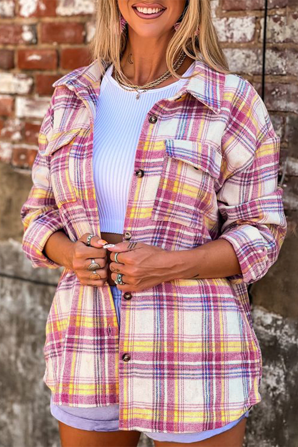 Fiery  Plaid Print Rounded Hem Shirt Jacket | Red