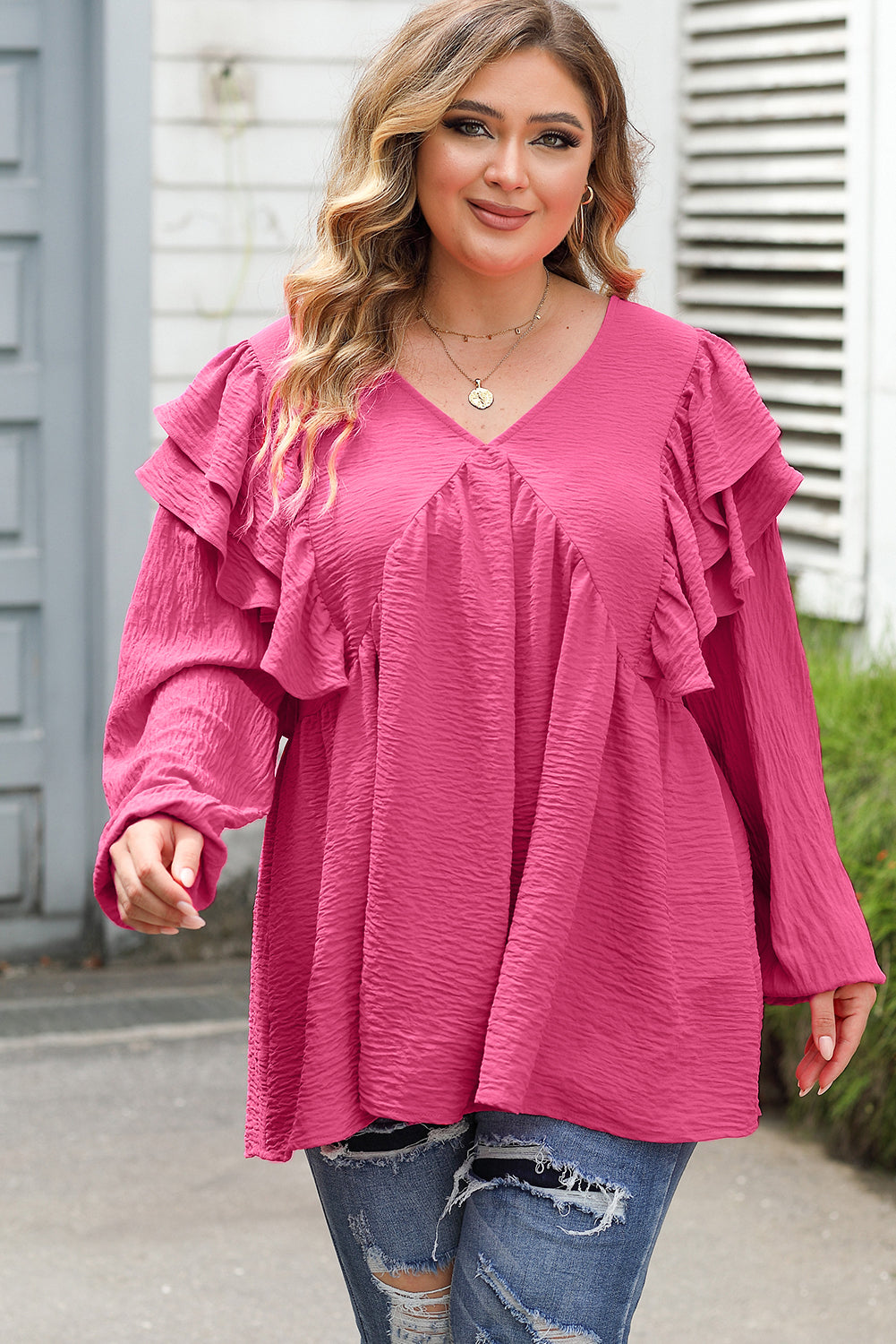 Crinkle Ruffled V Neck Plus Size Blouse | Pink