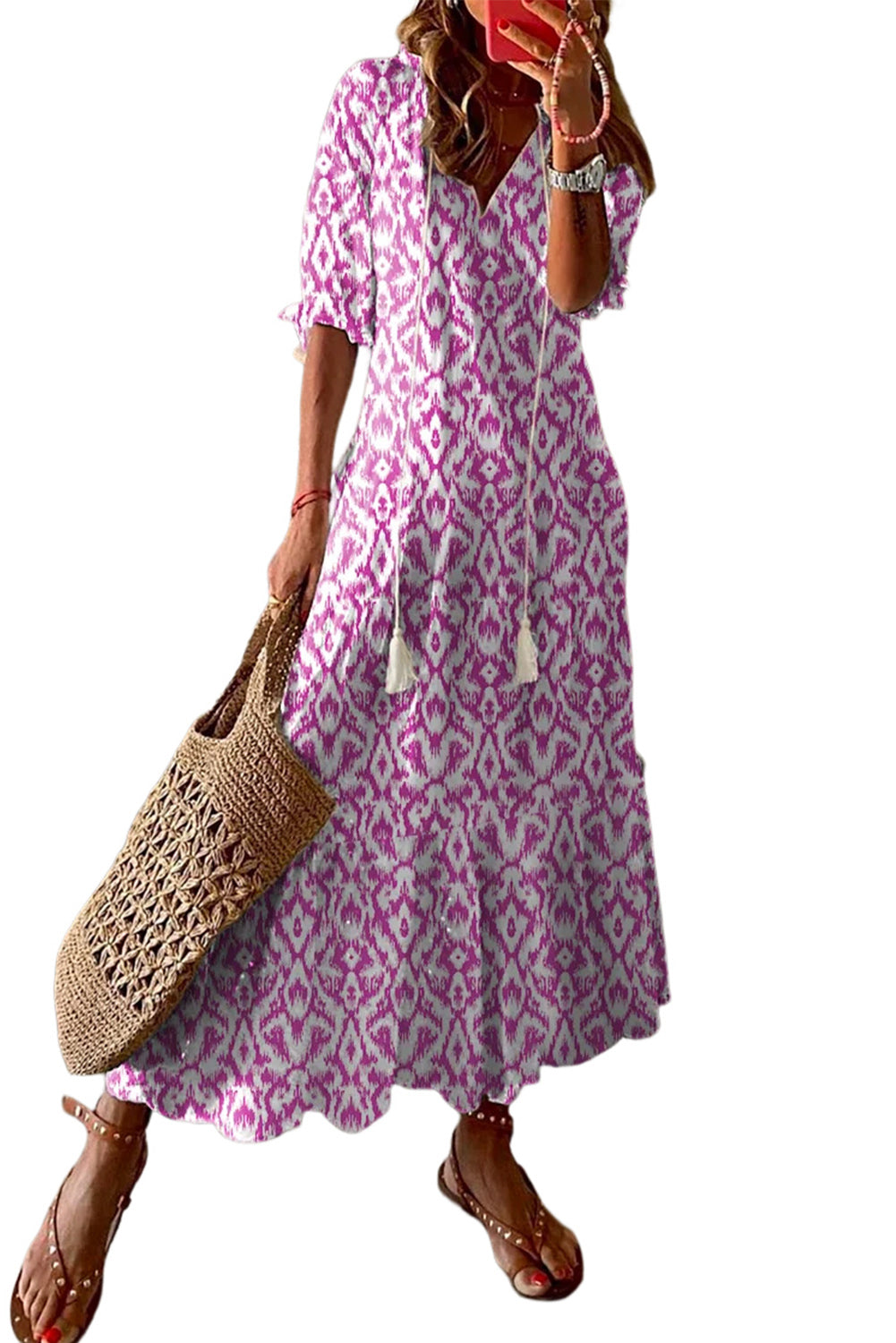 V Neck Casual Geometric Print Maxi Dress | Pink