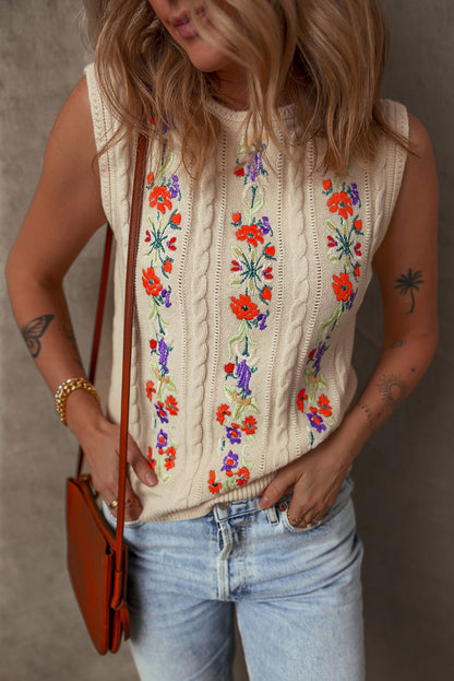 Embroidered Floral Cable Knit Sweater Vest | Jet Stream