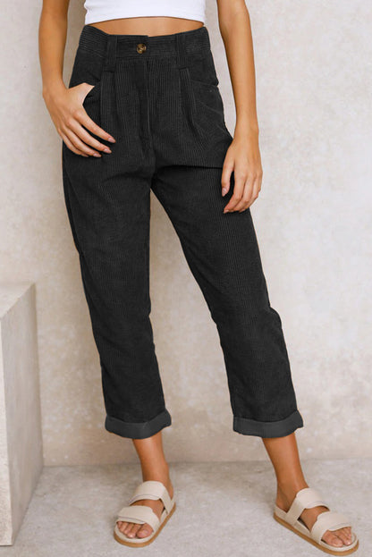 Corduroy High Waist Straight Leg Pants | Black