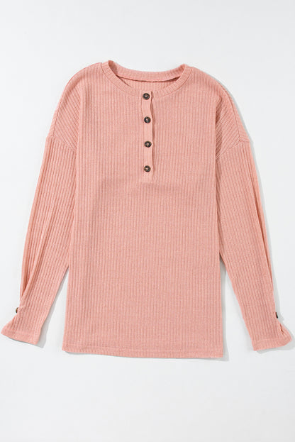 Rib Textured Henley Knit Top | Rose Tan