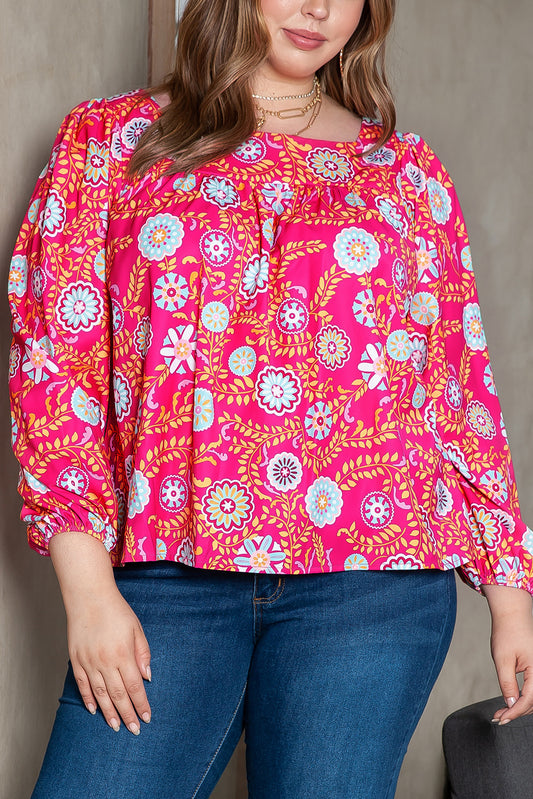 Pink Plus Size Square Neck Floral Blouse