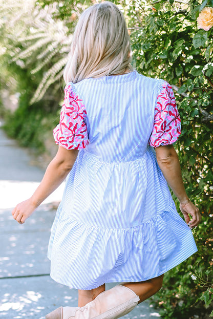 Contrast Floral Puff Sleeve Tiered Ruffle Dress | Sky Blue Stripe