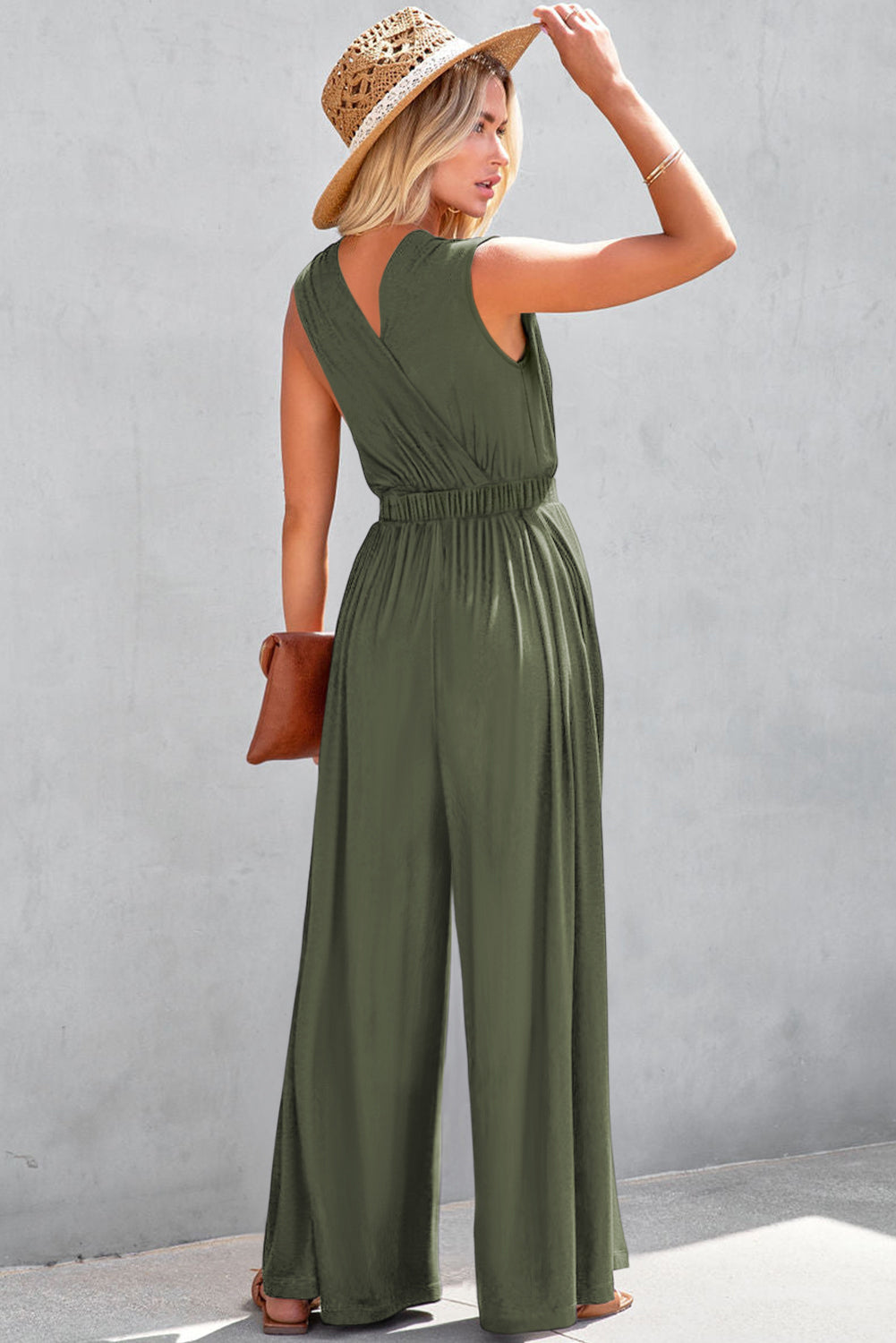 Deep V Pleated Crisscross Wide Leg Backless Jumpsuit | Jungle Green