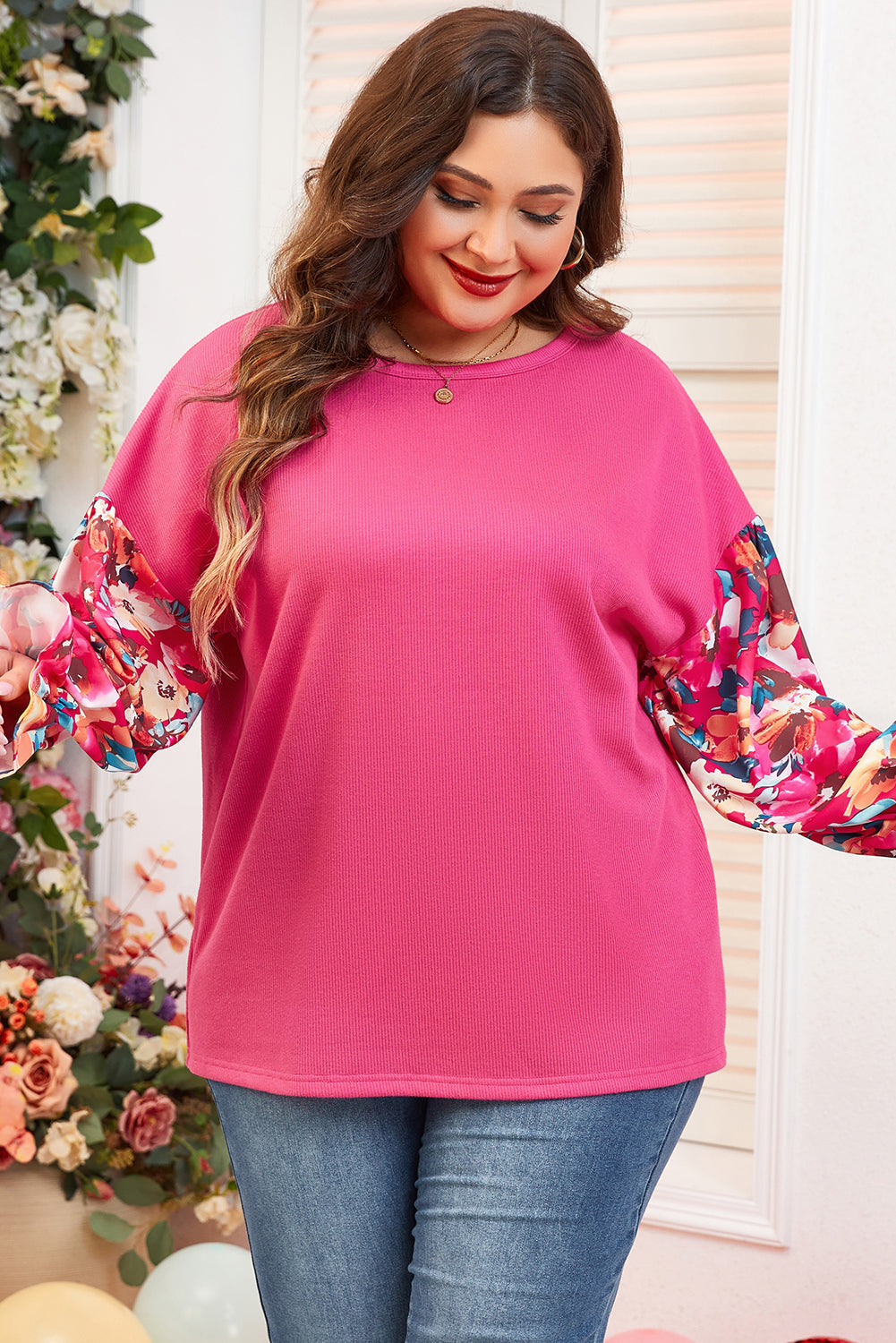 Floral Patchwork Flounce Sleeve Rib Knit Plus Top | Bright Pink