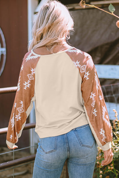 Western Print Patch Long Sleeve Top | Apricot