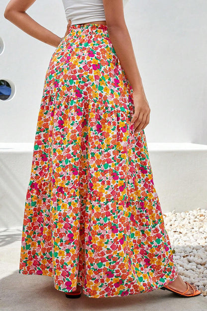 Boho Floral Print Tiered Long Skirt | Yellow