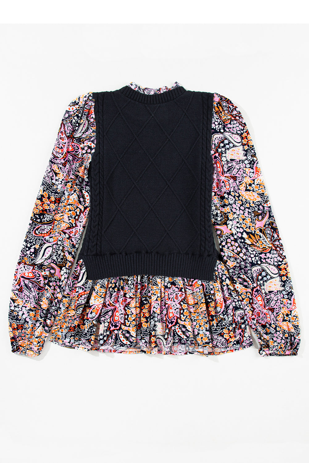 Contrast Floral Sleeve Peplum Sweater | Black