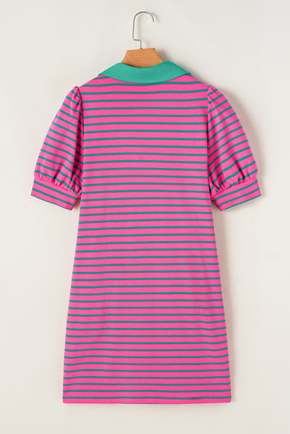 Collared V Neck Puff Sleeve T Shirt Dress | Pink Stripe