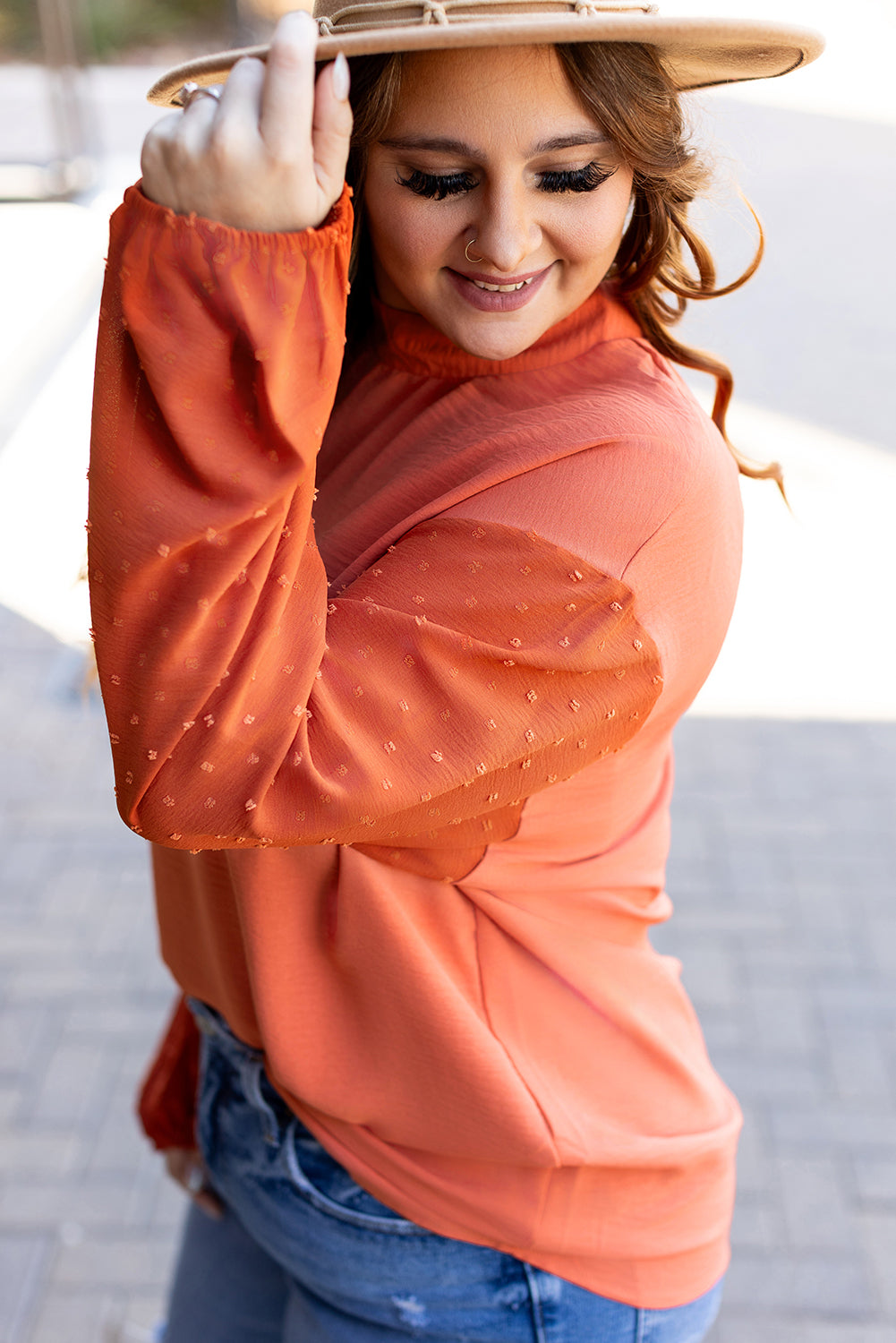 Swiss Dot Balloon Sleeve Loose Blouse | Russet Orange