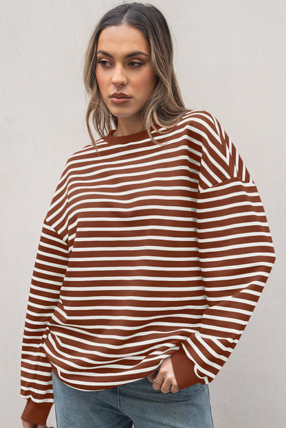 Striped Long Sleeve Round Neck Loose Top | Coffee