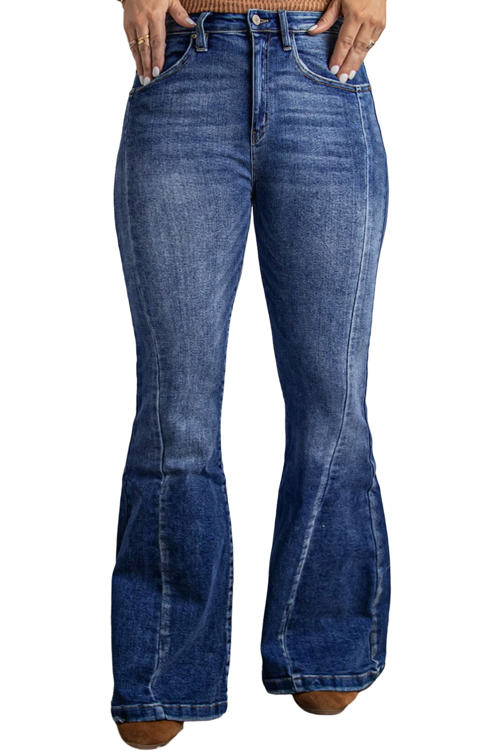 Plus Size Stitching Washed Flare Jeans | Dark Blue