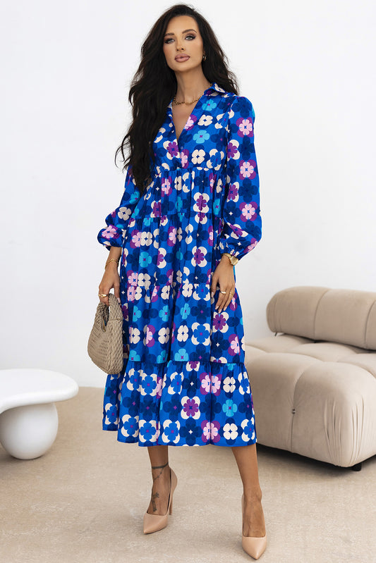 Floral Peasant Sleeve Tiered Ruffle Midi Dress | Blue