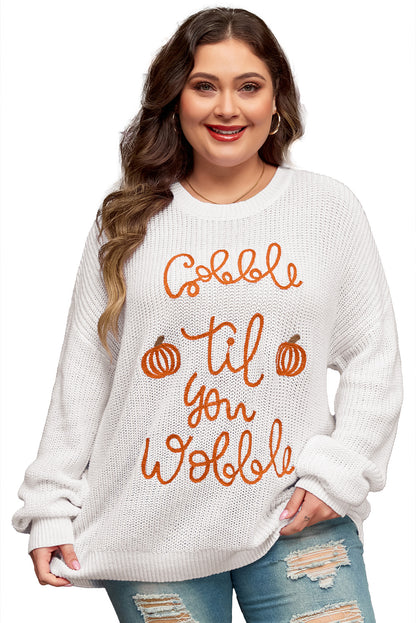 Gobble Til You Wobble Pop Up Crochet Plus Size Sweater | White