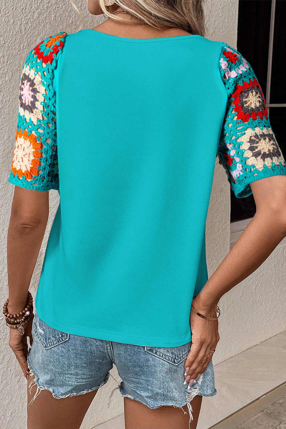 Floral Crochet Short Sleeve Top | Turquoise