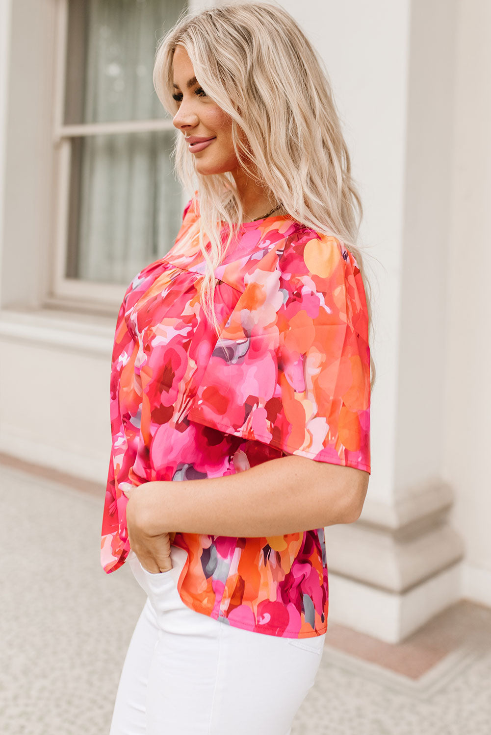 Fiery  Floral Print Wide Sleeve Blouse | Red