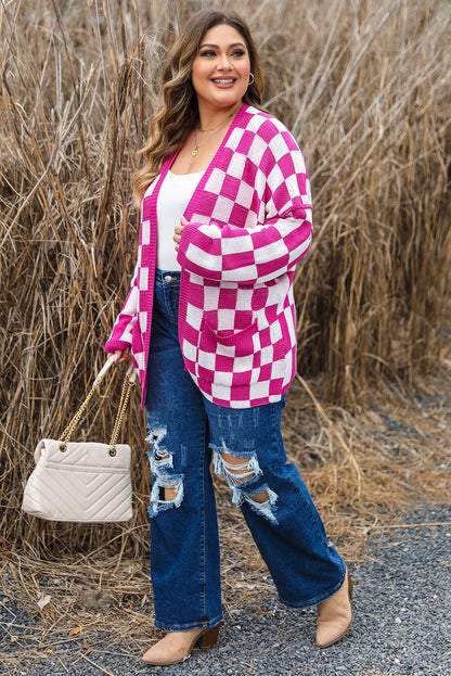 Checkered Pattern Open Front Plus Size Cardigan | Bonbon