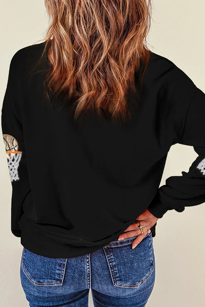 Basketball Patched Game Day Crew Neck Graphic Sweatshirt | Black