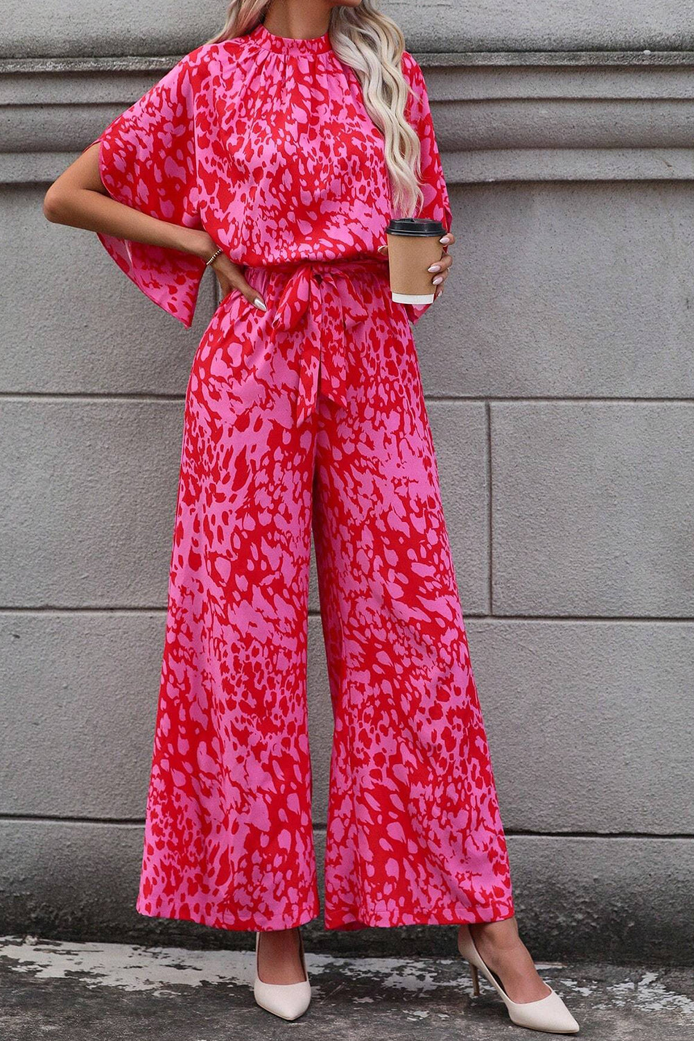 Leopard Loose Sleeve Belted Wide Leg Jumpsuit | Rose