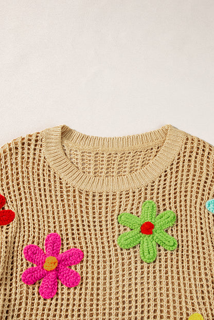 Crochet Flower Hollow-Out Sweater T Shirt | Light French Beige