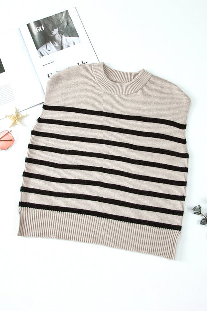 Boxy Knitted Round Neck Sweater Tank | Apricot Stripe