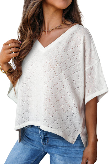 V Neck Knitted Flowy Blouse | White