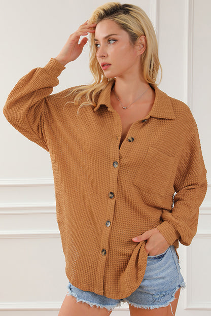 Waffle Knit Button Up Casual Shirt | Brown