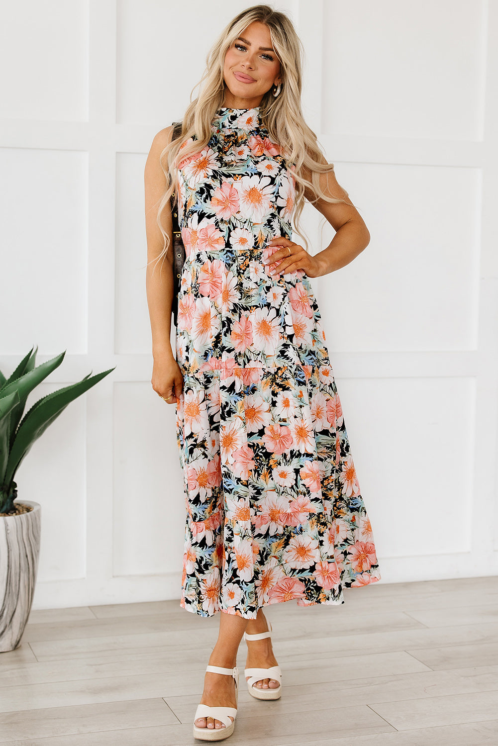 Boho Floral Print Knotted Halter Ruffled Maxi Dress | Black