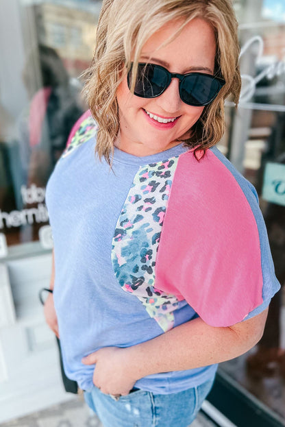 Leopard Print Patch Colourblock Plus Size T Shirt | Sky Blue