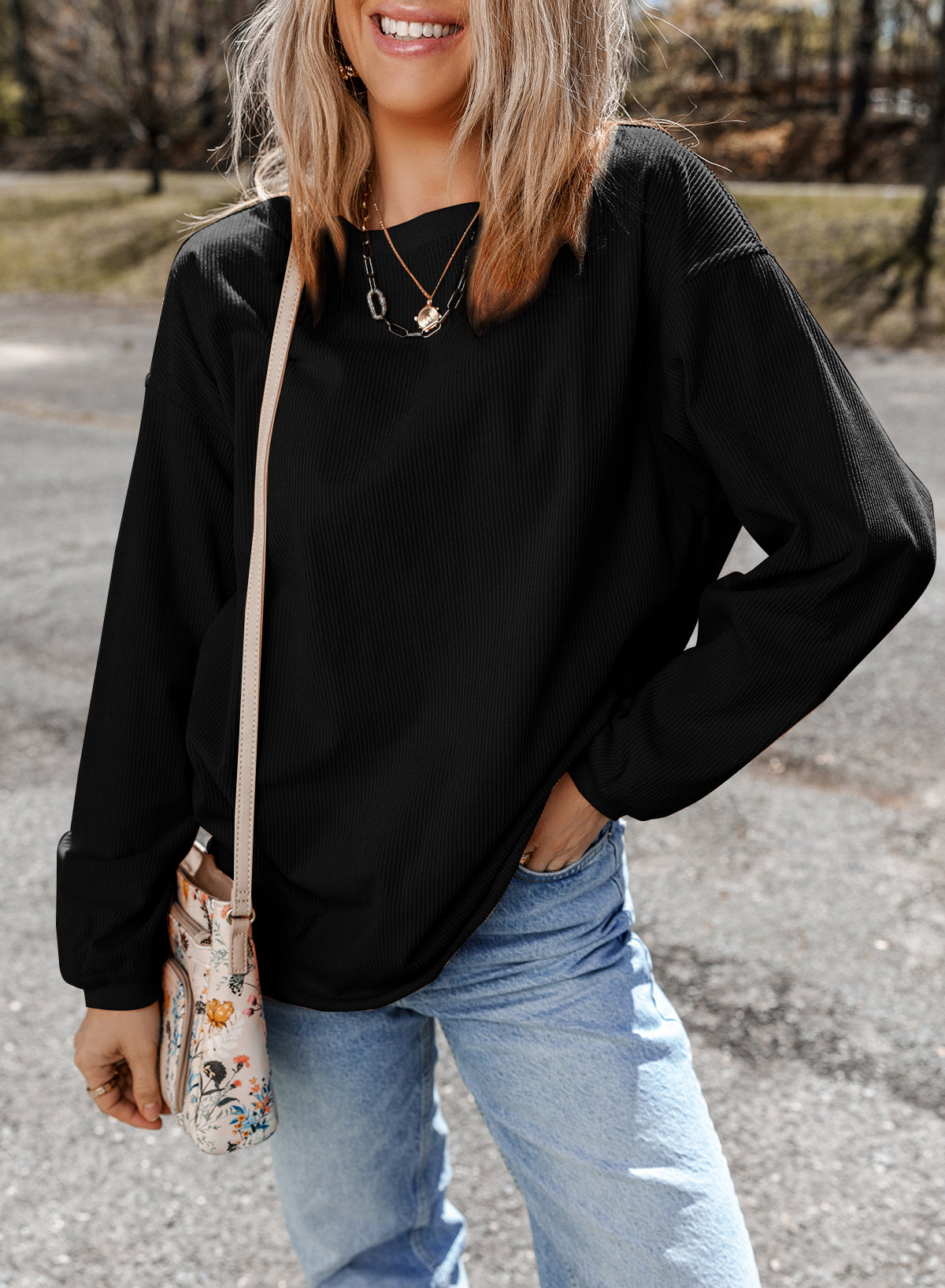 Ribbed Corduroy Oversized Sweatshirt | Black