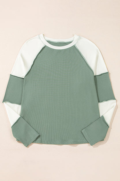 Ribbed Colourblock Patchwork Raglan Long Sleeve Top | Mint Green