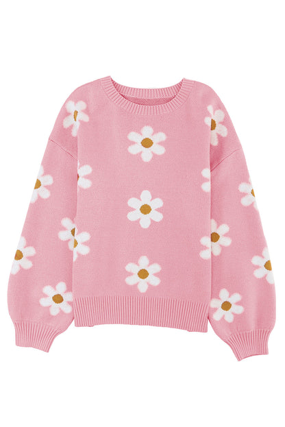 Floral Pattern Drop Shoulder Sweater | Pink