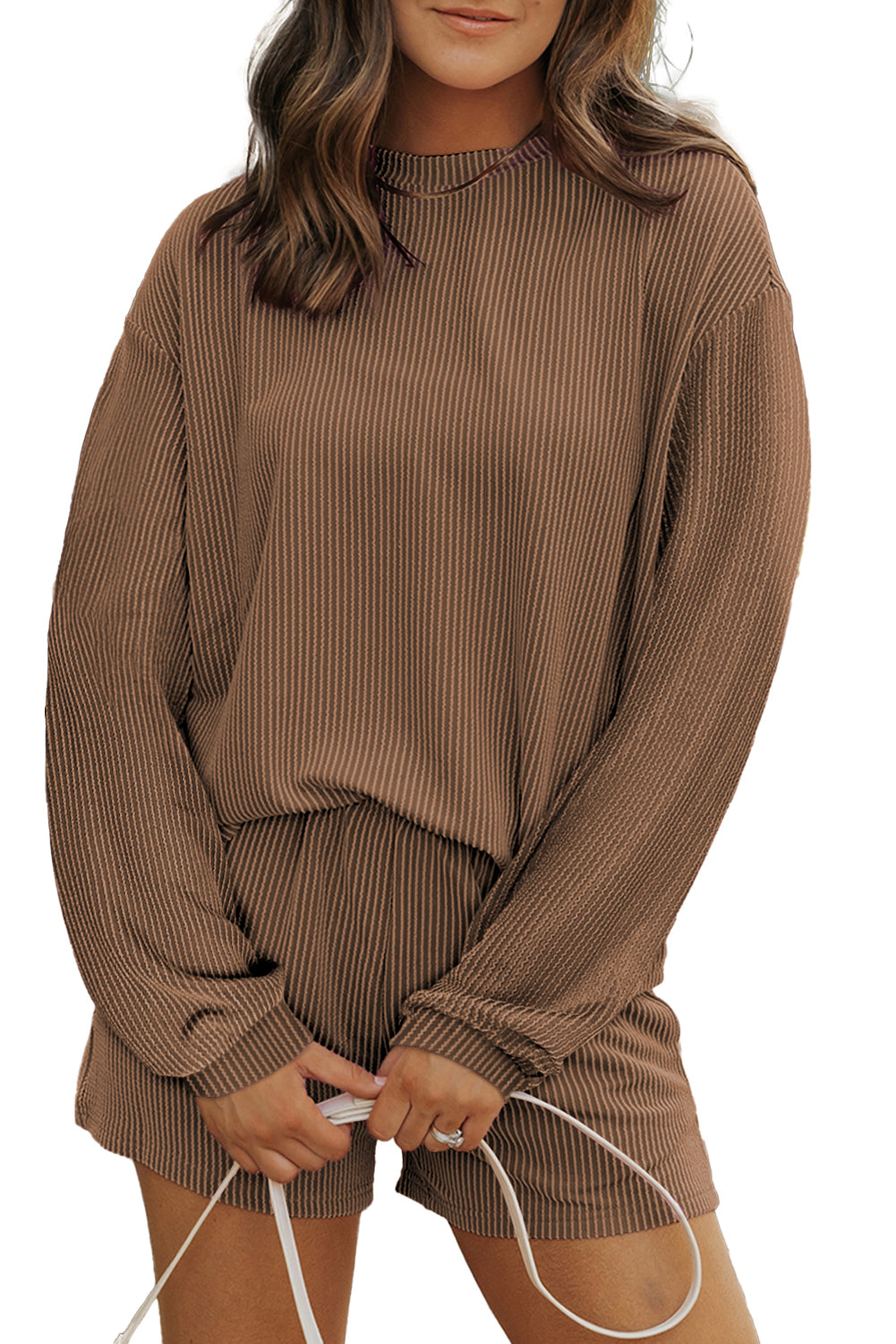 Corded Knit Long Sleeve Top And High Waist Shorts Set | Chestnut